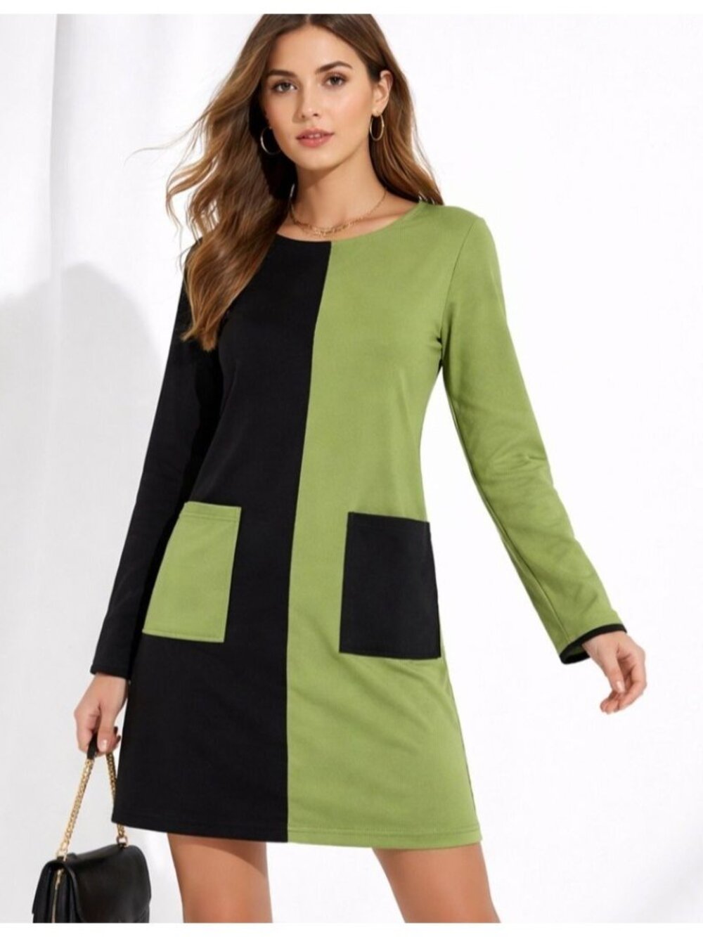 Huiermei Retro 60s Mod Colorblock Tunic Dress Black Green A-Line Shift M